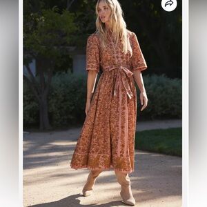 Hermoza Alexandra Collar Belted Tie Floral Midi Dress 100% Cotton Small